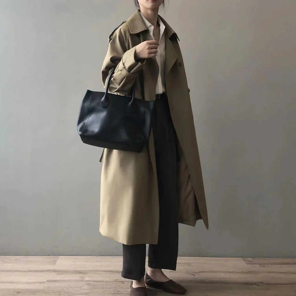 Women’s Trench Coat – Oversized Relaxed Fit – Double-Breasted – Full Length – Notched Lapels