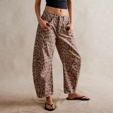 Women’s Barrel-Leg Jeans – Relaxed Fit – Animal Print – Full Length Casual Denim