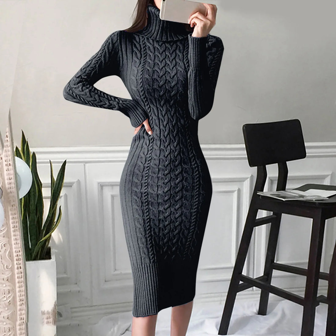 Turtleneck fitted knit midi dress for women