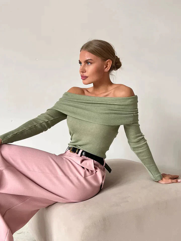 Women’s Off-Shoulder Sweatshirt – Ribbed Knit – Fitted – Cropped Long Sleeve Top