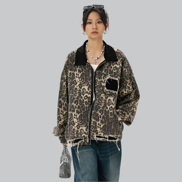 Retro leopard print washed denim jacket for women