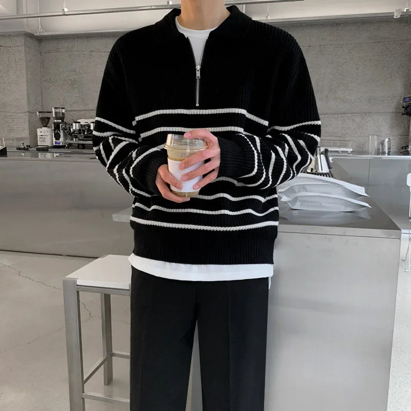 Men’s Sweater – Relaxed Fit – Wool Knit – Half Zip Polo Collar – Striped Ribbed Trim