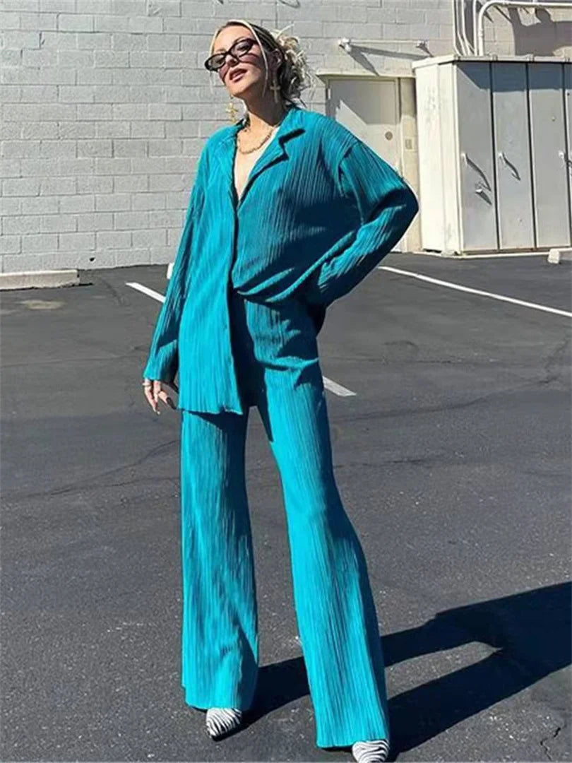 Women's Long Sleeve Button-Up Shirt & Straight-Leg Pants Set