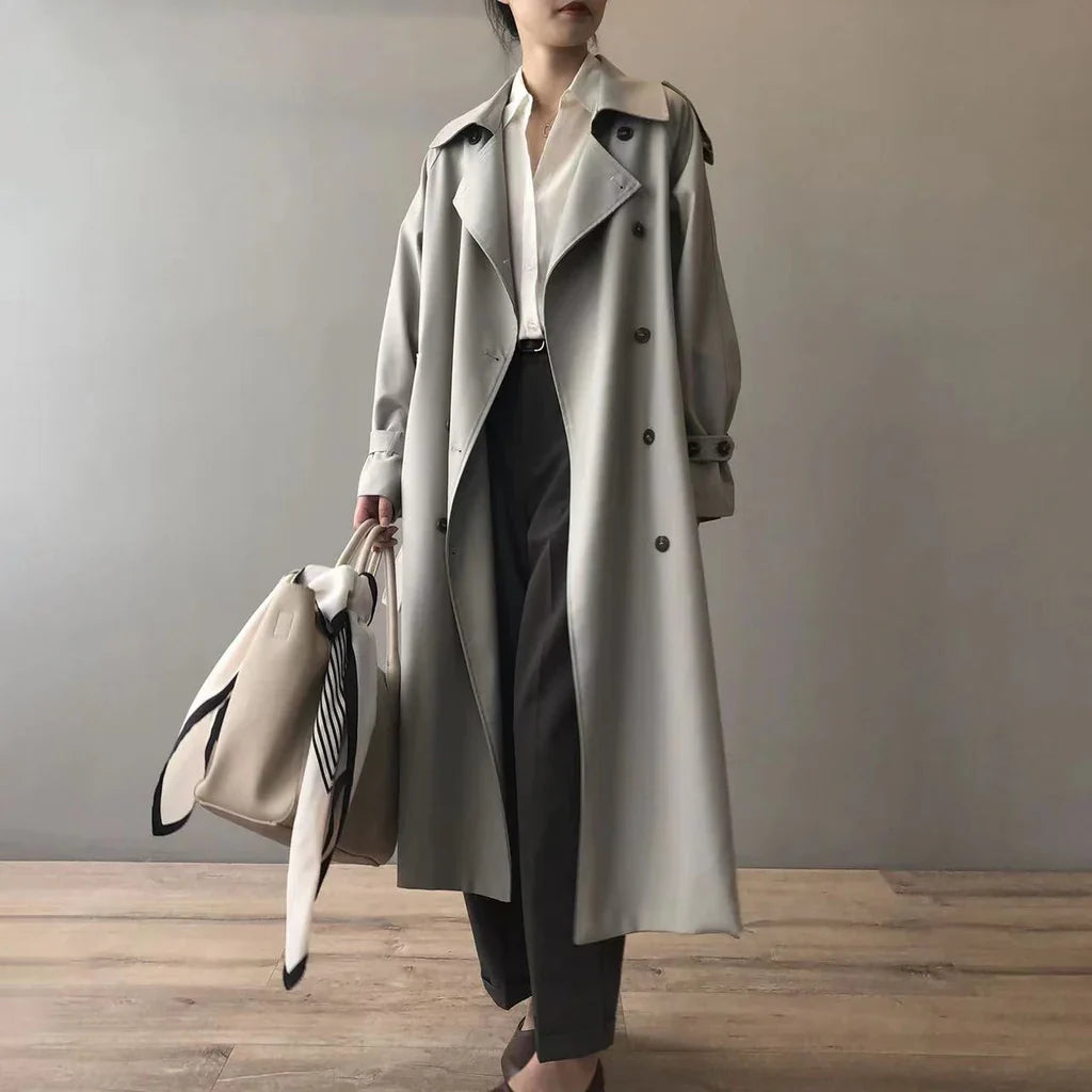 Women’s Trench Coat – Oversized Relaxed Fit – Double-Breasted – Full Length – Notched Lapels