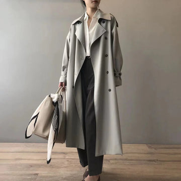 Women’s Trench Coat – Oversized Relaxed Fit – Double-Breasted – Full Length – Notched Lapels