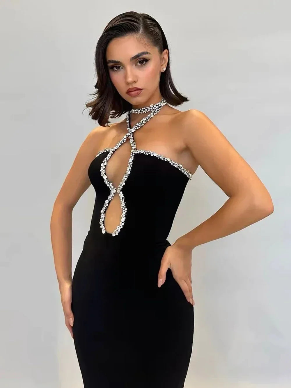 Strapless Black Bandage Dress with Diamond Pattern for Women
