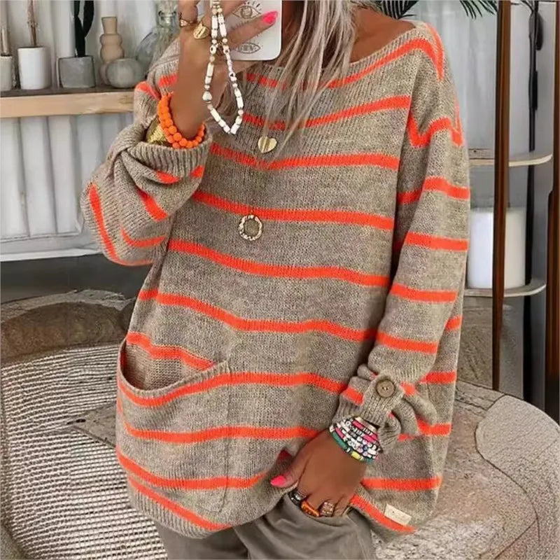 Women’s Knit Pullover Sweater – Oversized Fit – Round Neck – Striped – Button Sleeve – Long Length