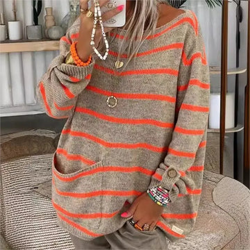 Women’s Knit Pullover Sweater – Oversized Fit – Round Neck – Striped – Button Sleeve – Long Length