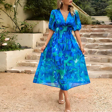 Women's Midi Dress - A-Line Silhouette - Puff Sleeves - V-Neck - Elastic Waist