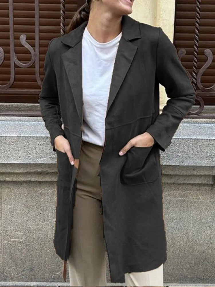 Open front mid-length suede windproof coat for women