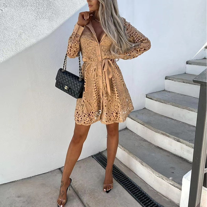 Women's Short Dress - Lace Fabric - Button-Up Front - Long Sheer Sleeves - Waist Tie - Collared