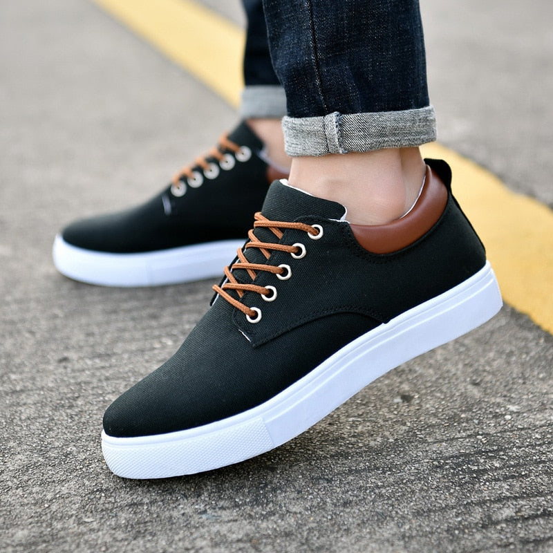 White sole flat canvas sneakers for men