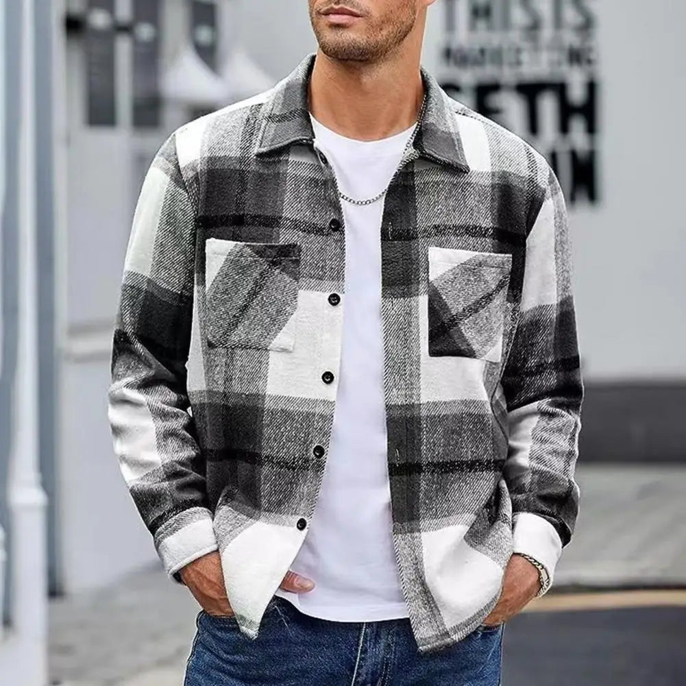 Flannel plaid button-up shirt jacket for men