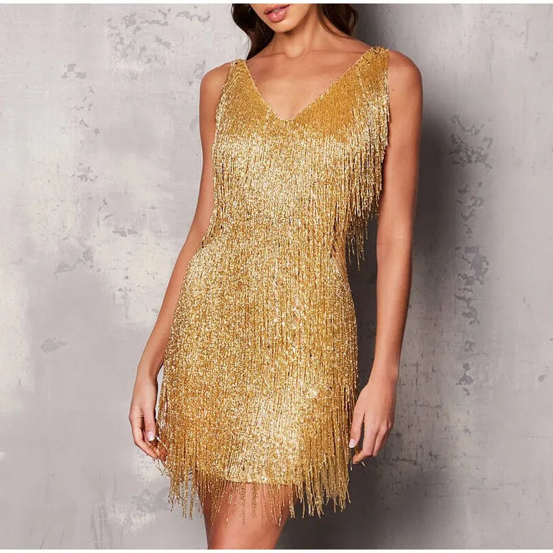 Sleeveless sequin tassel mini dress for women