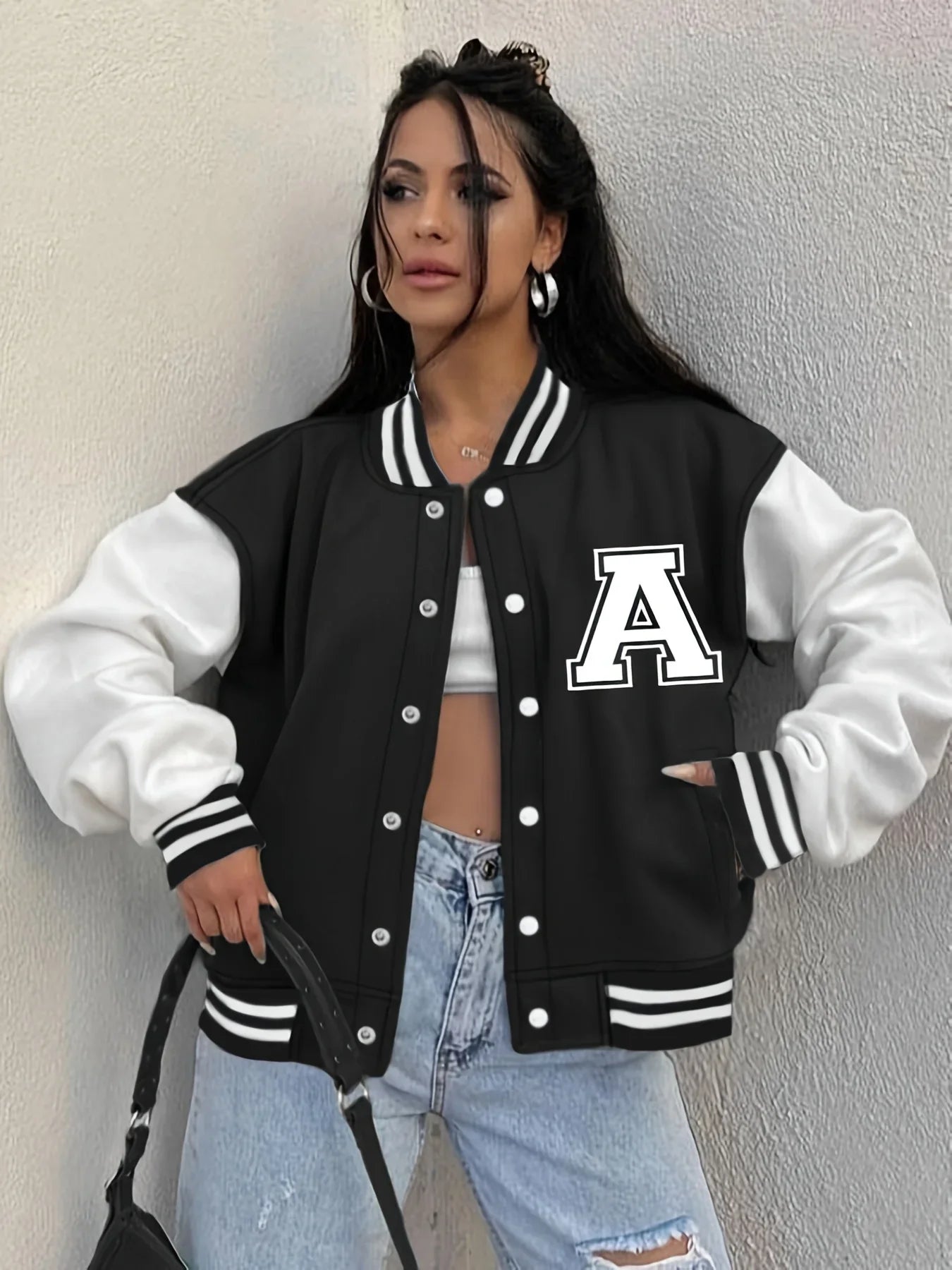 Women’s Baseball Jacket – Relaxed Fit – Snap Button – Varsity Patch – Ribbed Trim