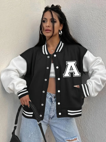 Women’s Baseball Jacket – Relaxed Fit – Snap Button – Varsity Patch – Ribbed Trim