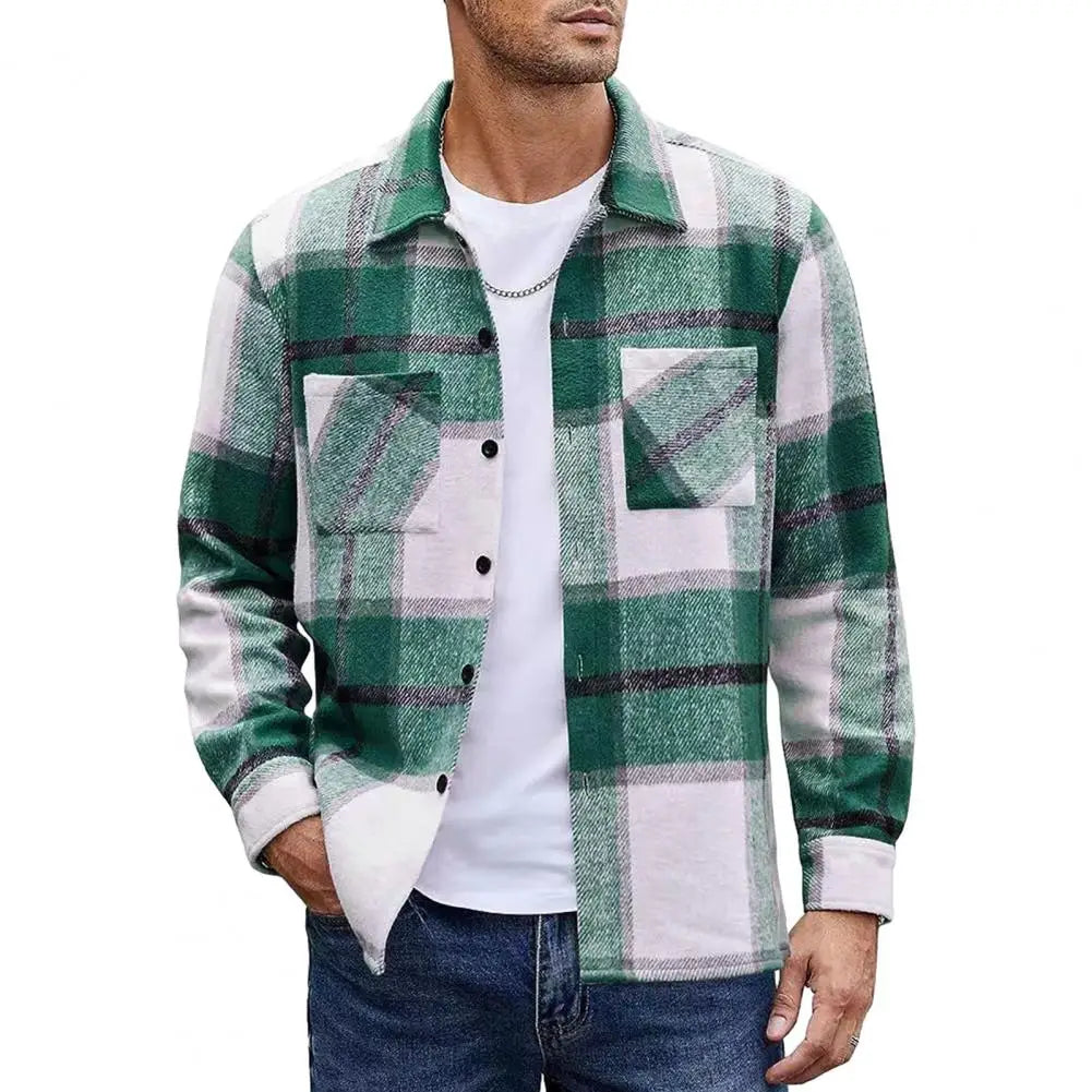 Flannel plaid button-up shirt jacket for men