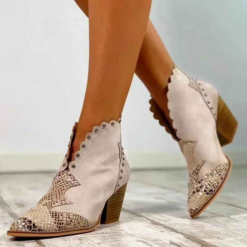 Suede Western Ankle Boots with Snakeskin Accent | Studded Scalloped Trim | Low Block Heel