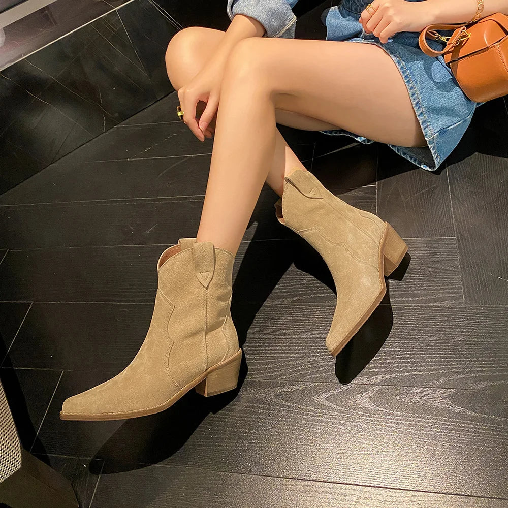 Women's Suede Leather Heeled Boots | Spring Collection
