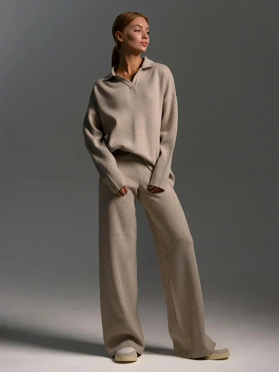 Women’s Two-Piece Knit Set – Polo Neck Sweater – High-Waisted Wide-Leg Pants