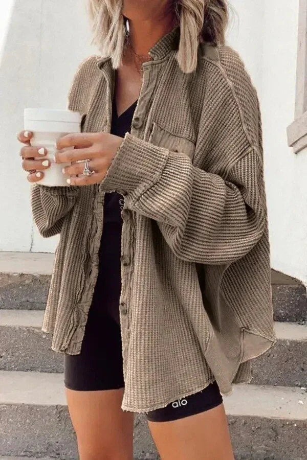 Women’s Shirt Jacket – Oversized Waffle Knit – Button Front – Raw Edge – Long Sleeve