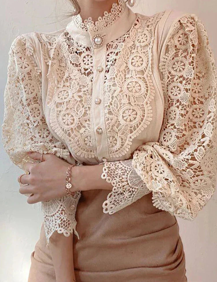 Chic button-up hollow lace blouse for women