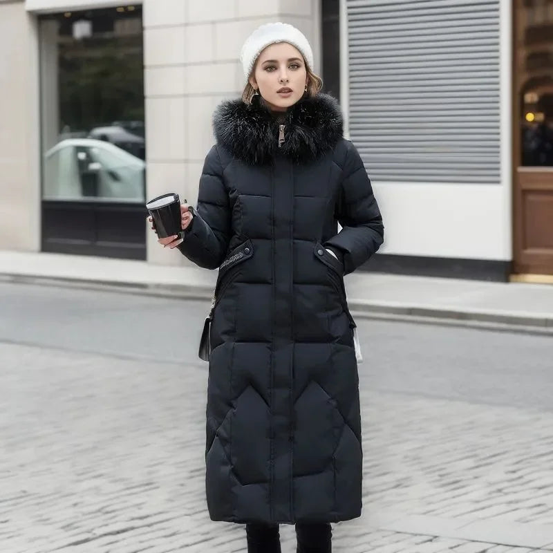 Quilted hooded parka with faux fur collar for women