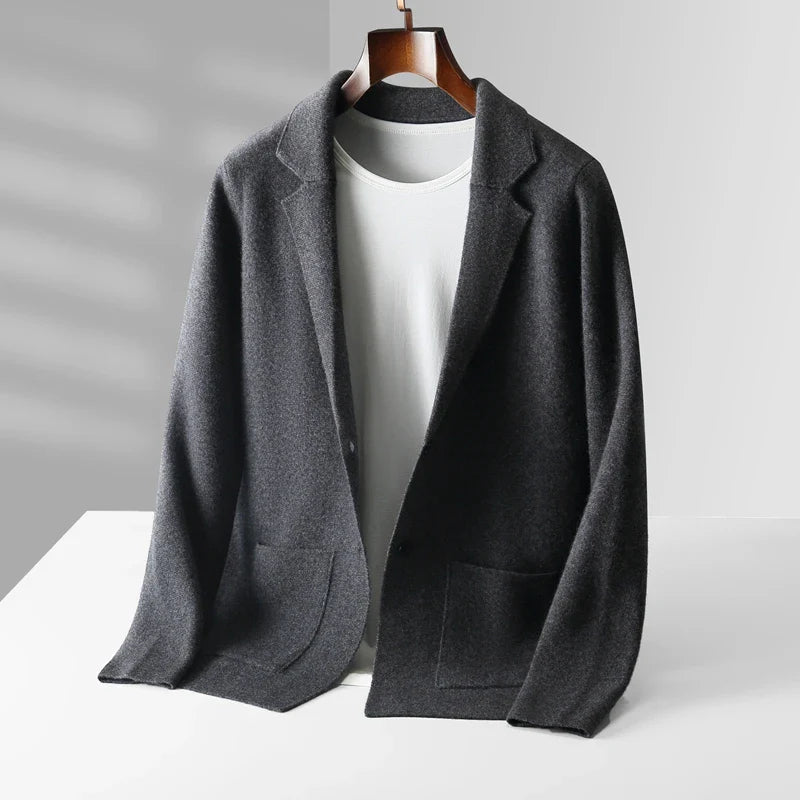 Men’s Wool Cardigan Jacket – Tailored Fit – Notched Lapel – Patch Pockets – Semi-Formal