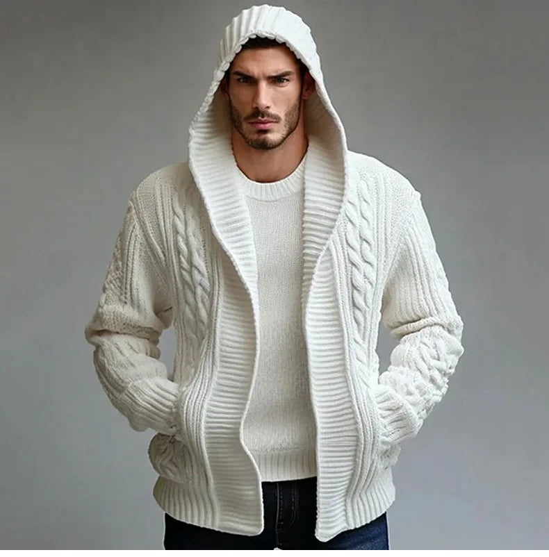 Men’s Hooded Cardigan Sweater – Relaxed Fit – Wool Blend Knit – Cable Open Front