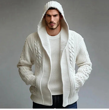 Men’s Hooded Cardigan Sweater – Relaxed Fit – Wool Blend Knit – Cable Open Front