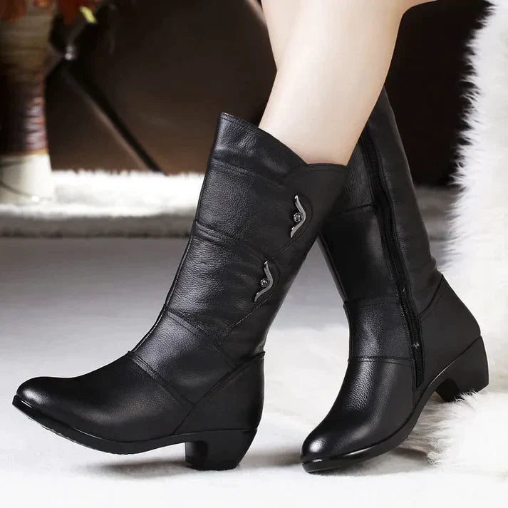 Women’s Mid-Calf Boots – Leather-Like Finish – Side Zip – Low Heel – Fitted Silhouette