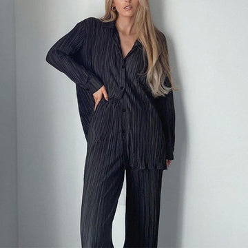 Shirt pleated loose high waist pants set for women