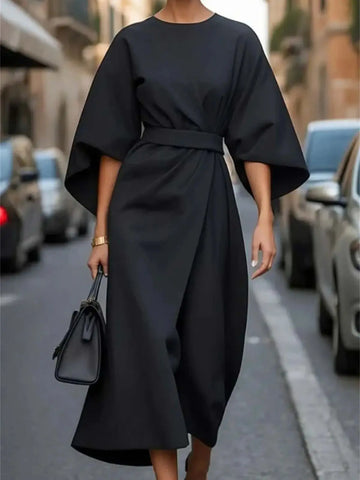 Women's Midi Dress – Structured A-Line – Belted Waist – Bell Sleeve – Breathable Blend