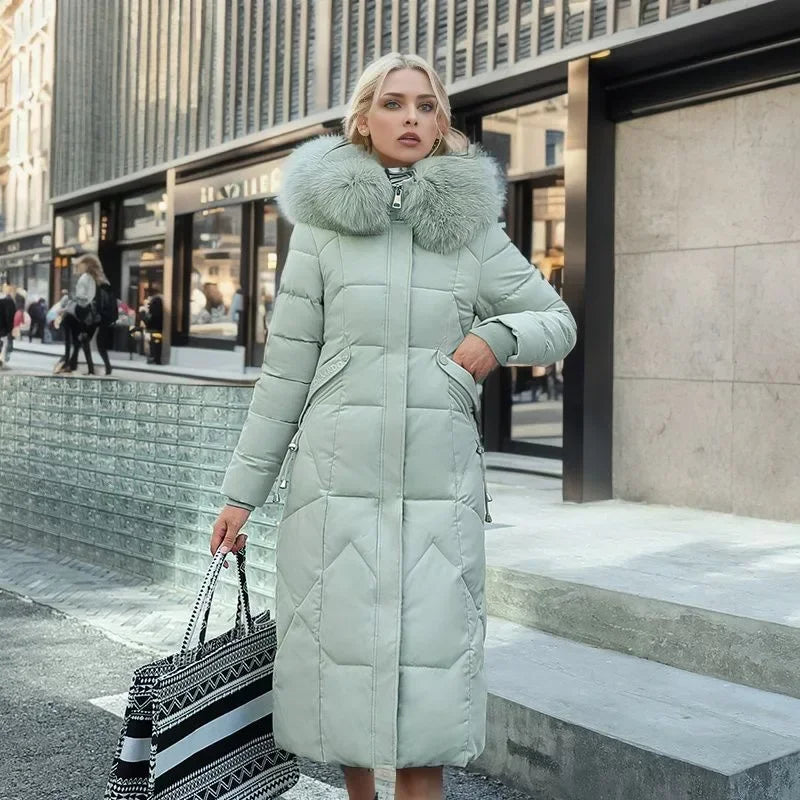 Faux fur collar quilted long winter jacket for women