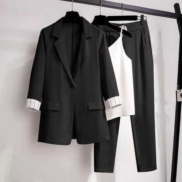 Women’s Three-Piece Blazer Set – Tailored Fit – Single Button – Classic Lapel – Turn-Up Cuffs