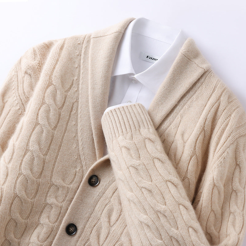 Men’s Cardigan – Wool Knit – Regular Fit – Cable Pattern – Shawl Collar – Button Front