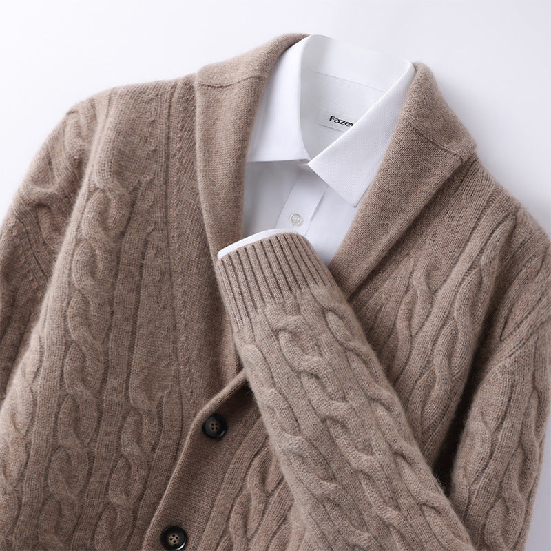 Men’s Cardigan – Wool Knit – Regular Fit – Cable Pattern – Shawl Collar – Button Front
