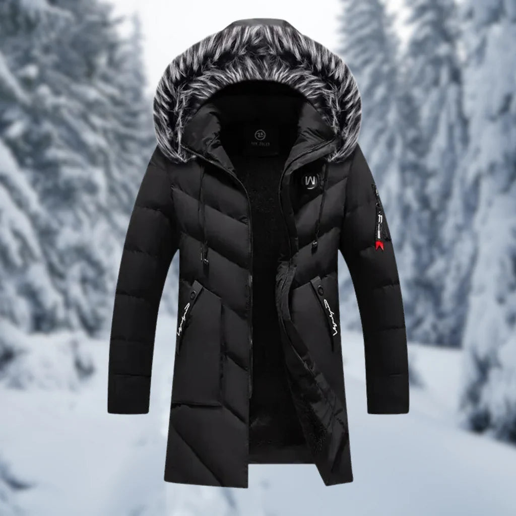 Men’s Quilted Jacket – Oversized Fit – Faux Fur Hood – Mid-Length – Zipper Pockets
