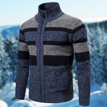 Men’s Knit Jacket – Regular Fit – Full Zip – Ribbed Mock Neck – Textured Stripes