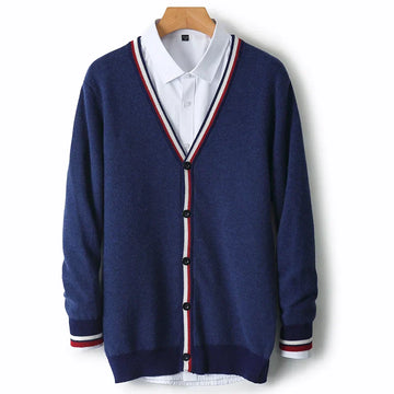 Men’s Cardigan – Knit Wool Blend – Relaxed Fit – V-Neck – Button-Up – Striped Trim