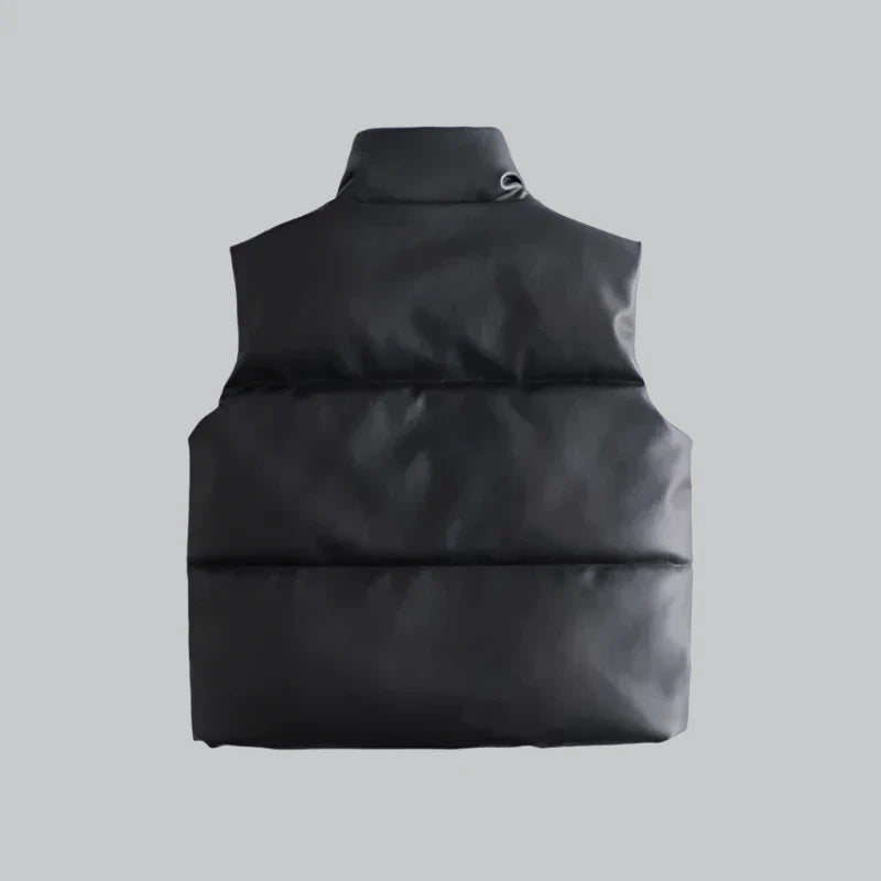 PU leather stand collar vest jacket for women