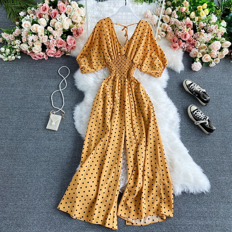 Waist slimming polka dot print jumpsuit for women