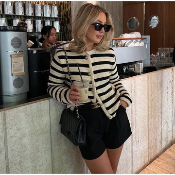 Long sleeved striped cardigan for women