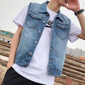 Men's Sleeveless Denim Jacket with Distressed Pockets