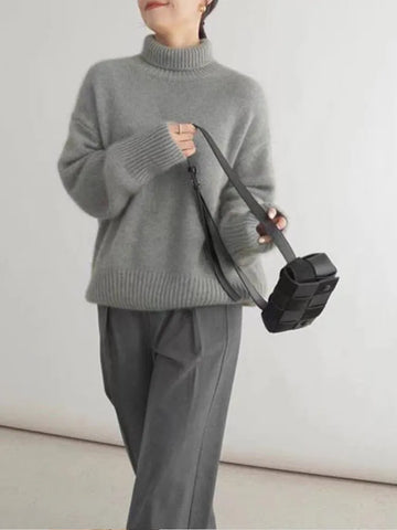 Women’s Sweater – Relaxed Fit – Wool Blend – Ribbed Turtleneck Elegant Style