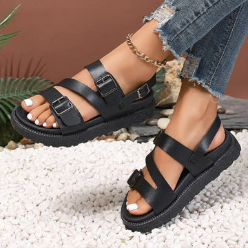 Women’s Sandals – Vegan Leather – Flat Sole – Adjustable Buckle Straps – Open Toe