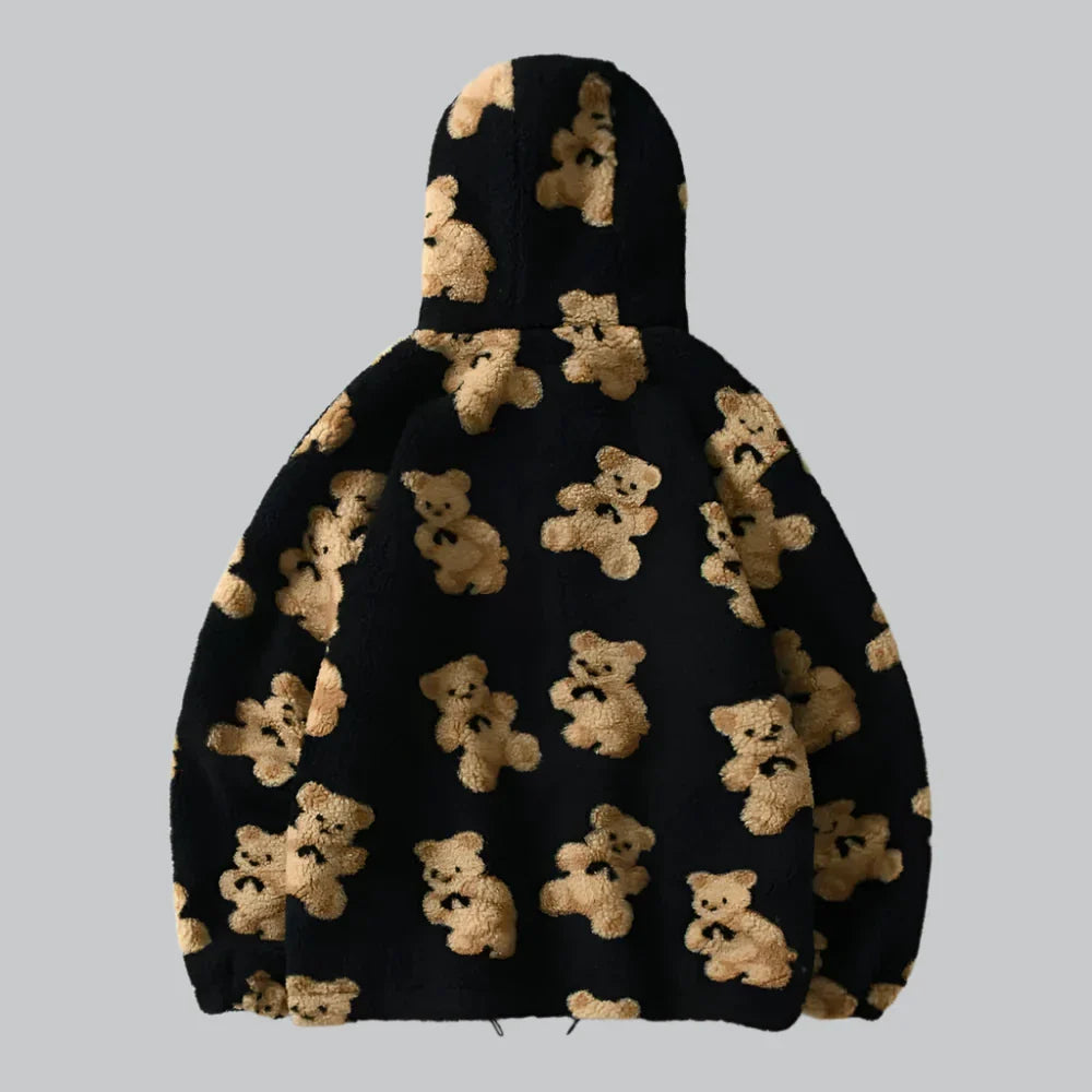 Fleece Bear Print hooded jacket for women