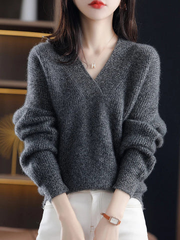 Women’s Pullover Sweater – Soft Knit – V-Neck – Relaxed Fit – Ribbed Trim – Long Sleeve