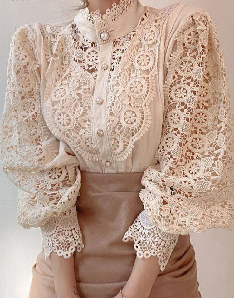 Chic button-up hollow lace blouse for women