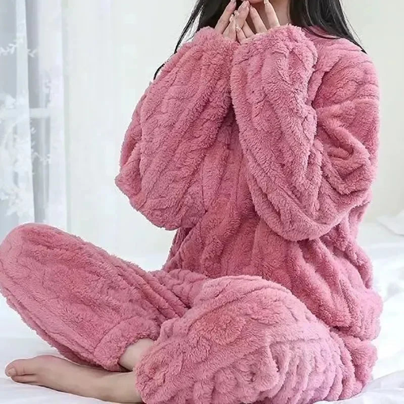 Women’s Pajama Set – Plush Fleece – Oversized Fit – Ribbed Texture – Long Sleeve & Wide Leg